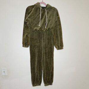 Double Zero Olive Green Velvet Hooded Jumpsuit